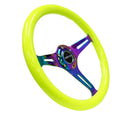 NRG 350mm Wood Grain Steering Wheel – 1.5" Deep Dish – Classic Wood Grain Steering Wheel Neon Yellow Color with Neo Chrome Spokes