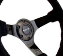 NRG 350mm Deep Dish Suede Steering Wheel – 3" Dish – Black Suede with Red BBall Stitch & Black 3-Spoke