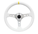 NRG Reinforced Steering Wheel (350mm / 3in. Deep) Wht Leather with Silver Spoke & Single Yellow Mark