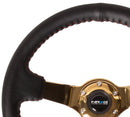 NRG 350mm Deep Dish Leather Steering Wheel – 3" Dish – Black Leather/Red BBall Stitch with 4mm Gold Spokes