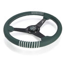 NRG Steering Wheel 1.5in Dish 350mm Black Perforated Leather - Emerald Stitching - Reinforced Spoke