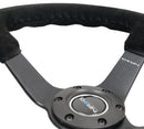 NRG 350mm Deep Dish Suede Steering Wheel – 3" Dish – Black Suede/Blk Bball Stitch with 5mm Matte Black Spoke