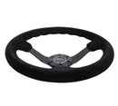 NRG 350mm Deep Dish Suede Steering Wheel – 3" Dish – Black Suede/Red BBall Stitch with 5mm Matte Black Spokes