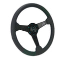 NRG Steering Wheel 1.5in Dish 350mm Black Perforated Leather - Emerald Stitching - Reinforced Spoke