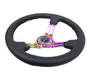 NRG Reinforced Steering Wheel (350mm / 3in. Deep) Black Leather/Blk Stitch with Neo Chrome Slits