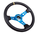 NRG Reinforced Steering Wheel (350mm / 3in. Deep) Black Leather with Blue Circle Cutout Spokes