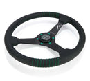 NRG Steering Wheel 1.5in Dish 350mm Black Perforated Leather - Emerald Stitching - Reinforced Spoke