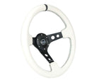 NRG Reinforced Steering Wheel (350mm/3in. Deep) White Leather with Blk Spoke/Round Holes/White Stripes