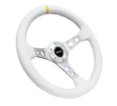 NRG Reinforced Steering Wheel (350mm / 3in. Deep) Wht Leather with Silver Spoke & Single Yellow Mark