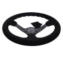 NRG 350mm Deep Dish Suede Steering Wheel – 3" Dish – Black Suede/Silver BBall Stitch with 5mm Matte Black Spokes