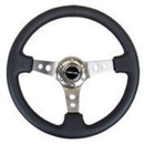 NRG Reinforced Steering Wheel (350mm / 3in. Deep) Black Leather with Gunmetal Circle Cutout Spokes