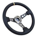 NRG Reinforced Steering Wheel (350mm / 3in. Deep) Black Leather with Gunmetal Cutout Spoke & Yellow CM – Default Title