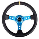 NRG Reinforced Steering Wheel (350mm / 3in. Deep) Black Leather with Blue Circle Cutout Spokes