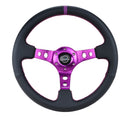 NRG Reinforced Steering Wheel (350mm / 3in. Deep) Black Leather with Purple Center & Purple Stitching