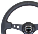 NRG Reinforced Steering Wheel (350mm / 3in. Deep) Black Leather with Blk Spoke & Circle Cutouts