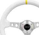 NRG Reinforced Steering Wheel (350mm / 3in. Deep) Wht Leather with Silver Spoke & Single Yellow Mark