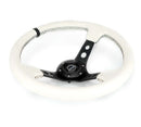 NRG Reinforced Steering Wheel (350mm/3in. Deep) White Leather with Blk Spoke/Round Holes/White Stripes