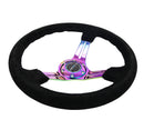 NRG Reinforced Steering Wheel (350mm / 3in. Deep) Black Suede/Blk Stitch with Neo Chrome Slits