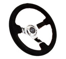 NRG 350mm Deep Dish Suede Steering Wheel – 3" Dish – Black Suede with Red BBall Stitch & Chrome 3-Spoke