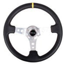 NRG Reinforced Steering Wheel (350mm / 3in. Deep) Black Leather with Circle Cut Spokes & Single Yellow CM