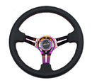 NRG Reinforced Steering Wheel (350mm / 3in. Deep) Black Leather/Red Stitch with Neo Chrome Slits