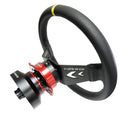 NRG Reinforced Steering Wheel (350mm / 3in Deep) Black Leather with NRG Arrow-Cut 2-Spoke & Sgl Yellow CM
