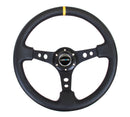 NRG Reinforced Steering Wheel (350mm / 3in. Deep) Black Leather with Blk Cutout Spoke/Yellow Center Mark