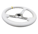 NRG Reinforced Steering Wheel (350mm / 3in. Deep) Wht Leather with Silver Spoke & Single Yellow Mark