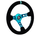 NRG Reinforced Steering Wheel (350mm/ 3in. Deep) Black Suede/ Teal Center Mark/ Teal Stitching – Default Title