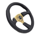 NRG Reinforced Steering Wheel (350mm / 2.5in. Deep) Leather Race Comfort Grip with 4mm Gold Spokes