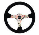 NRG Reinforced Steering Wheel (350mm / 3in. Deep) Black Suede Floral Dipped with Black Baseball Stitch
