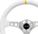 NRG Reinforced Steering Wheel (350mm / 3in. Deep) Wht Leather with Silver Spoke & Single Yellow Mark