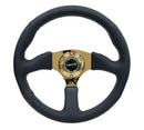 NRG Reinforced Steering Wheel (350mm / 2.5in. Deep) Leather Race Comfort Grip with 4mm Gold Spokes